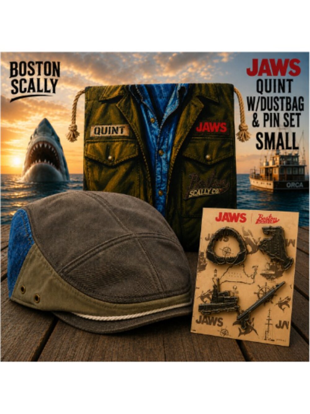 Boston Scally The JAWS Captain QUINT Single Panel Cap-SMALL- W/Dustbag & Pin Set